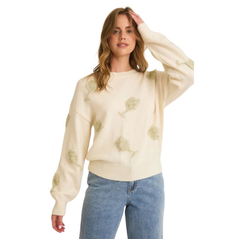 Gilli Women's Small Cream Silver Champagne Glasses Graphic Novelty Sweater - Picture 2 of 11